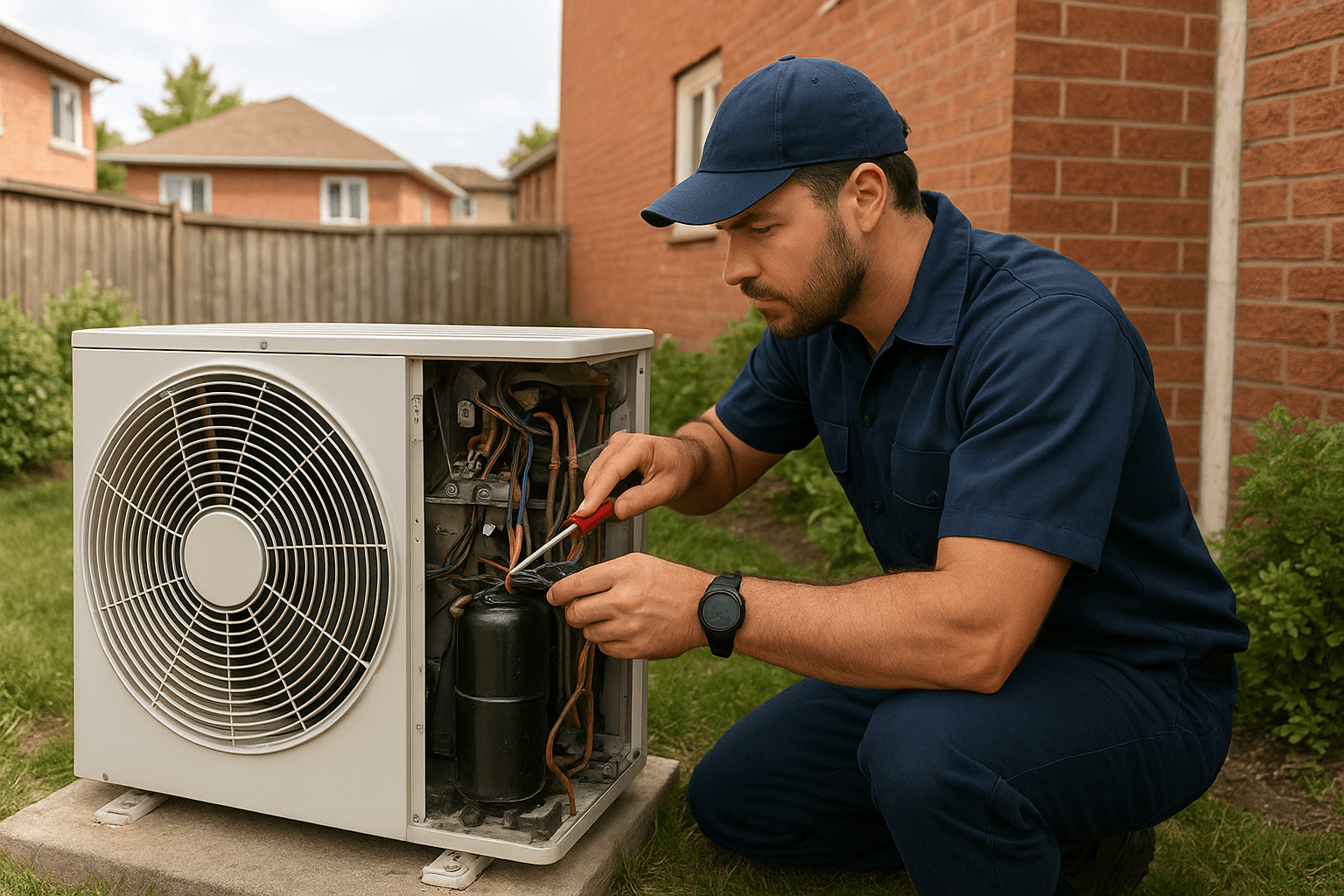 Technician repairing air conditioning unit at home
