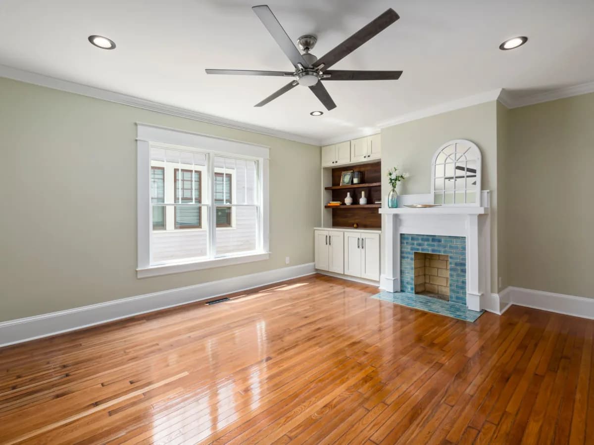 A freshly renovated living room with dust still present.