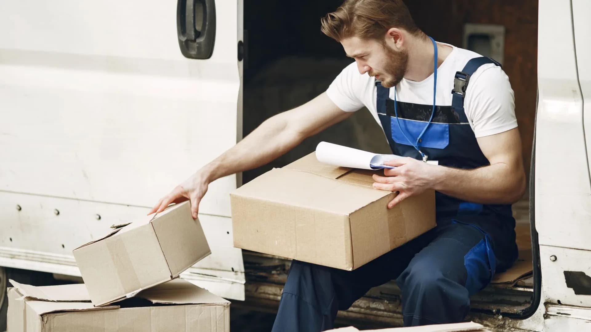 Worker carrying boxes out during a residential basement cleanout
