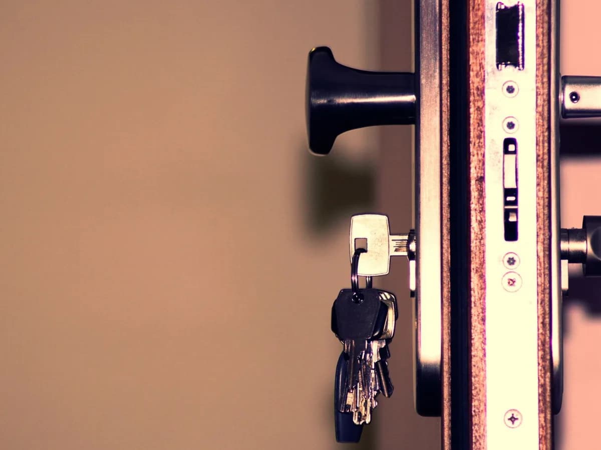 Homeowner tightening door hinge screws
