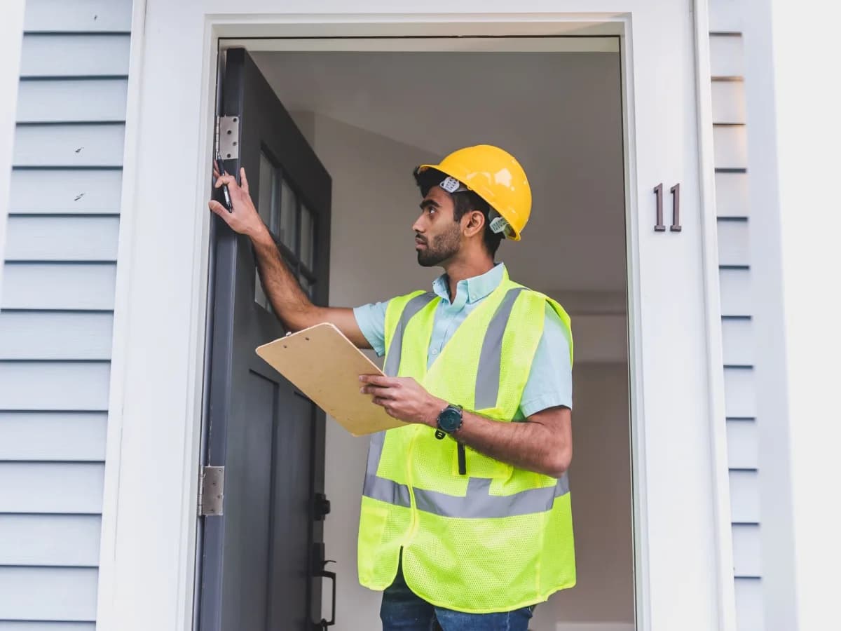 Handyman assessing door repair issues