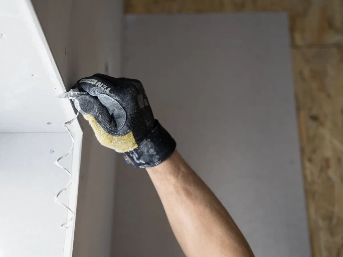 Drywall repair materials and tools on a worksite