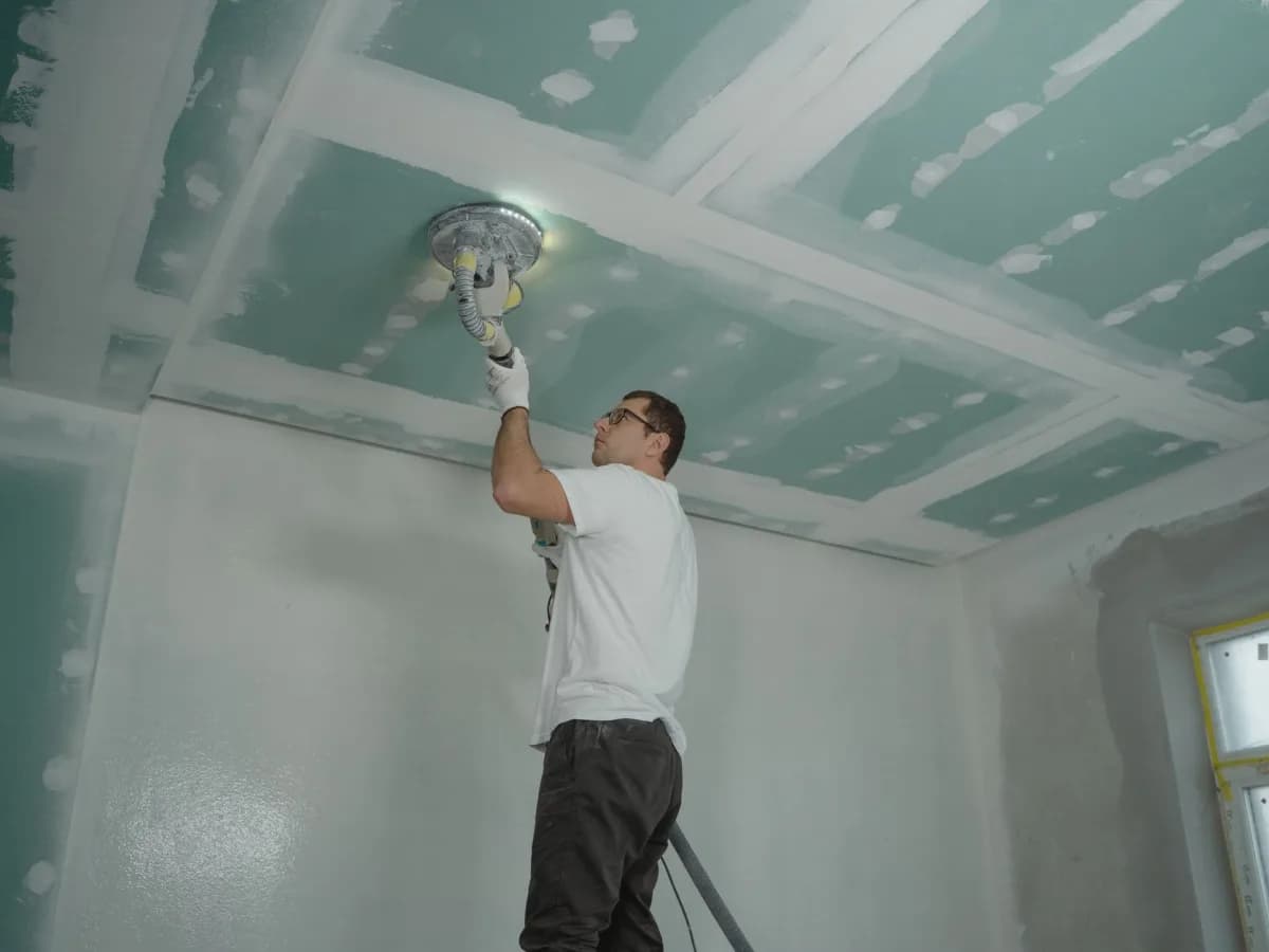 Water-stained drywall in bathroom ceiling