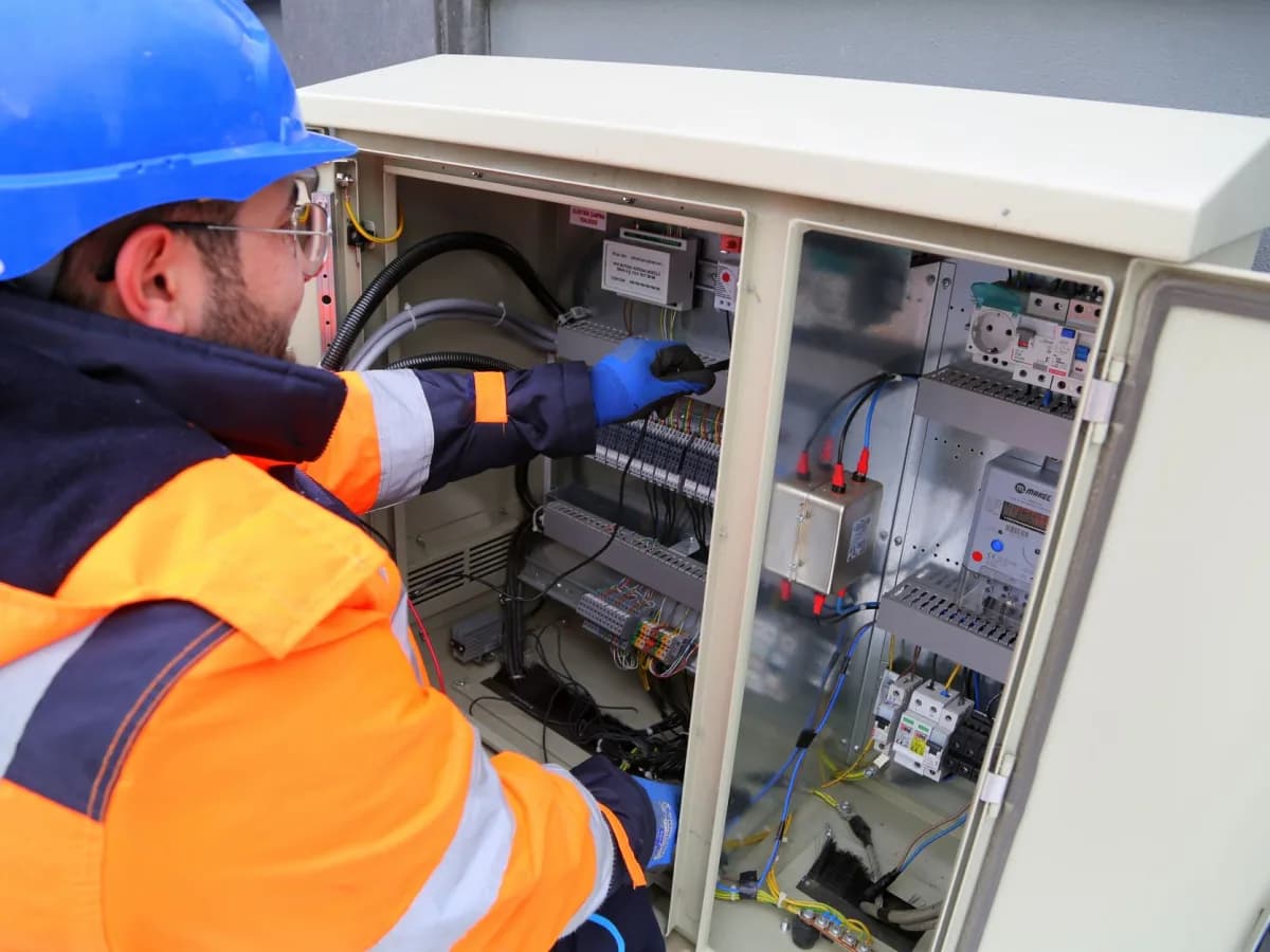 Technician inspecting electrical connections of a humidifier system
