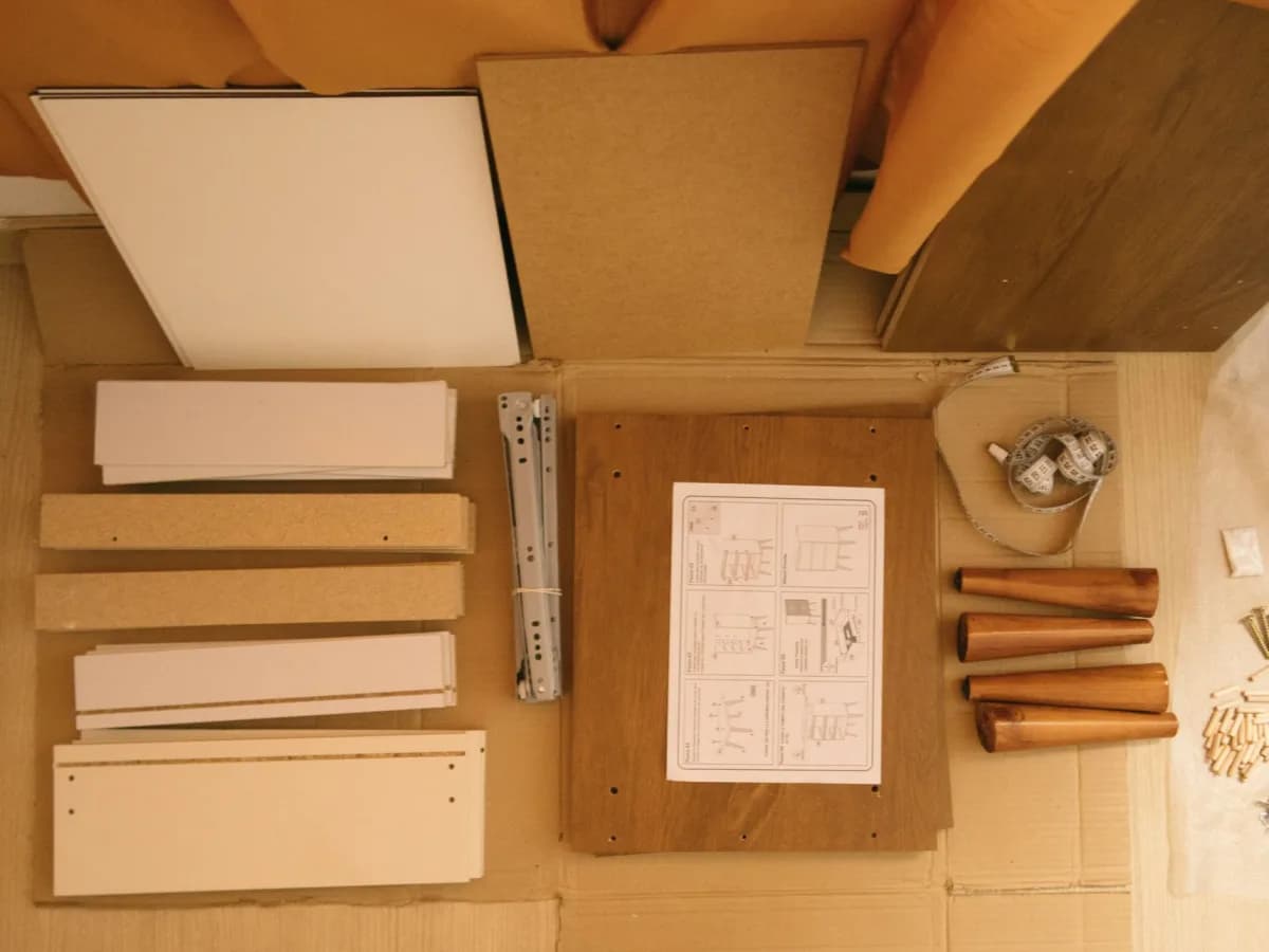 Open flat-pack bed frame box with organized parts