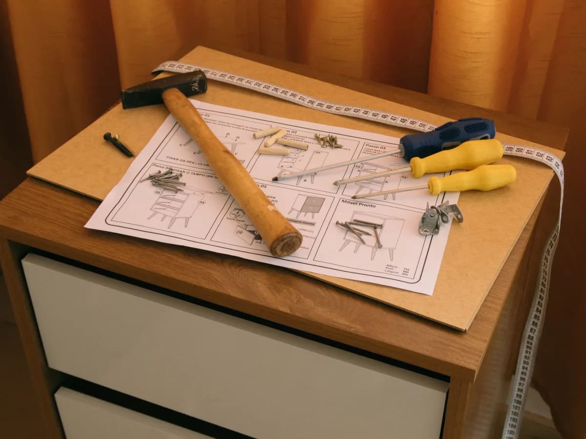 Flat-pack furniture laid out for assembly in a residential living room