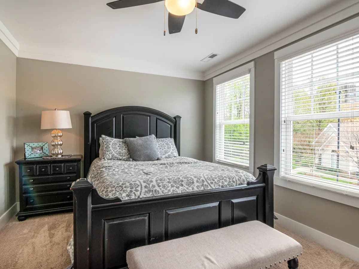 Completed bed frame assembly in a bright bedroom