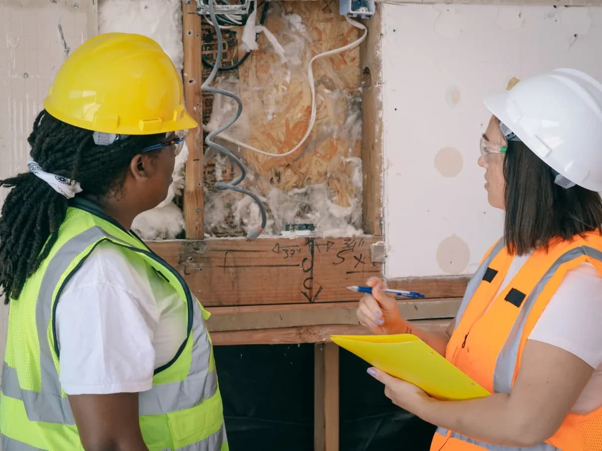 Homeowner discussing bathroom repairs with contractor