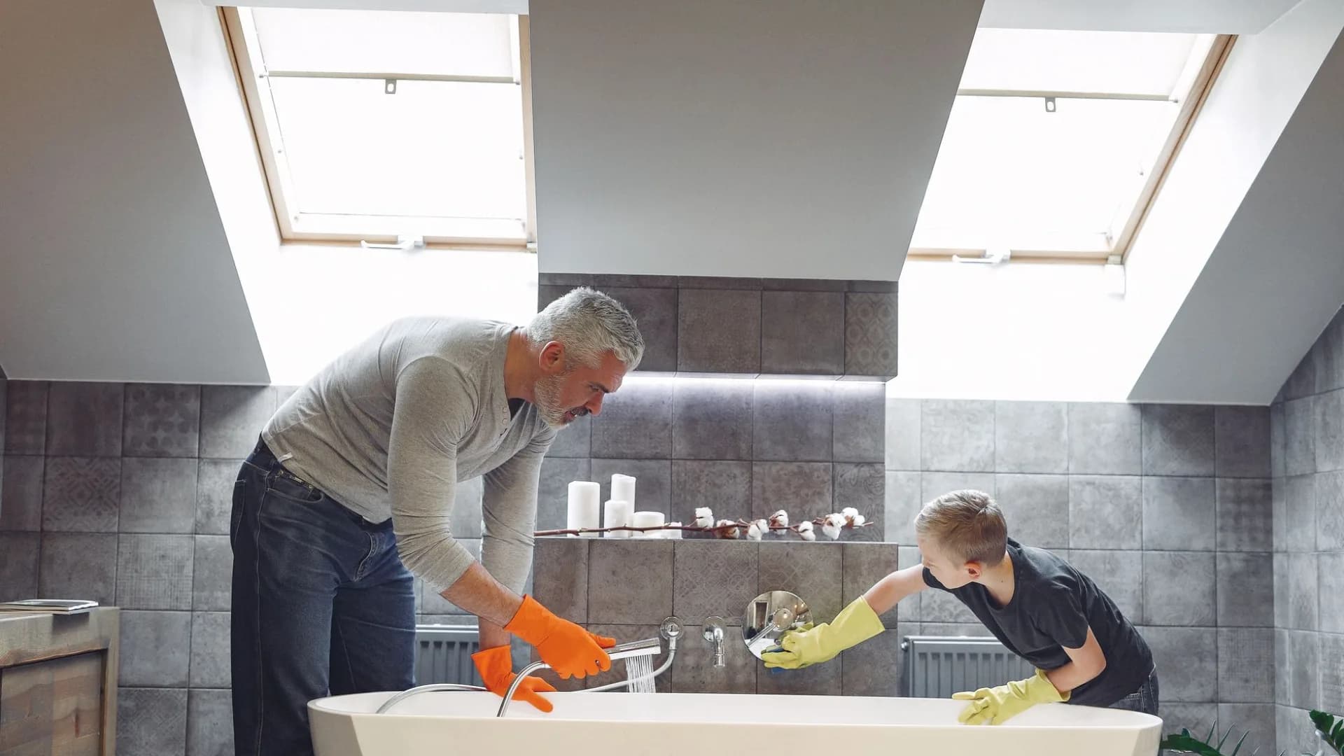 Professional caulking bathtub in modern bathroom