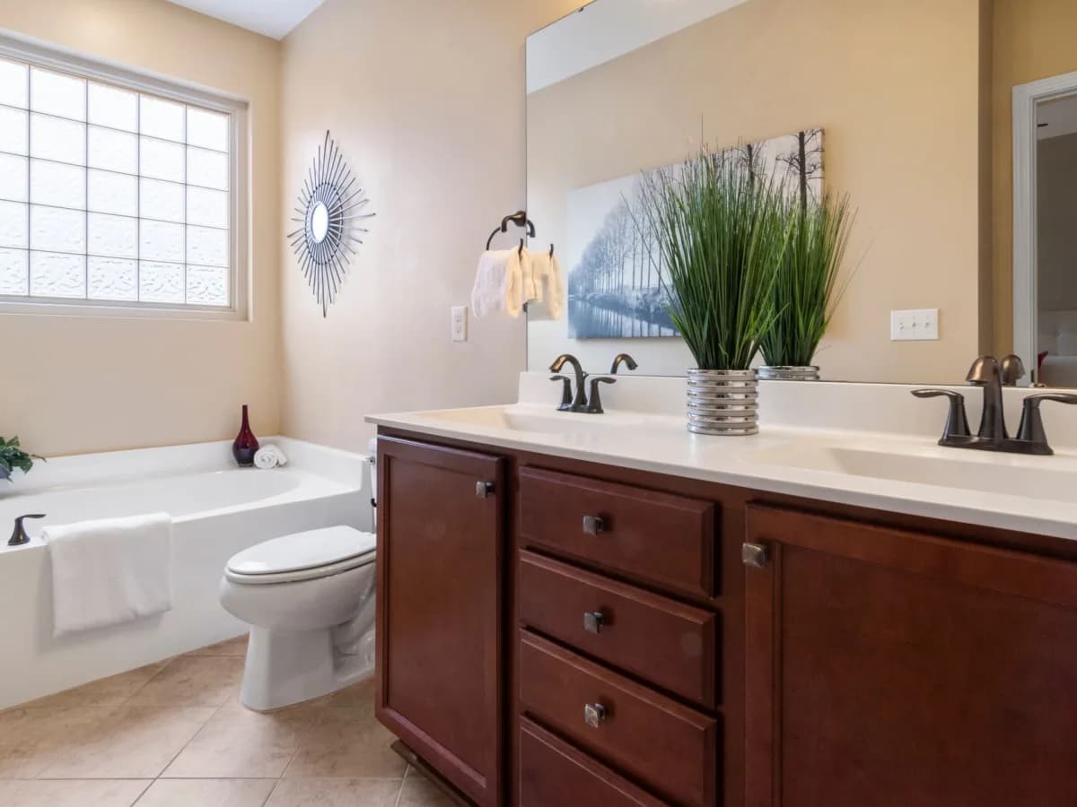 Plumbing and water staining inside an old bathroom vanity cabinet.