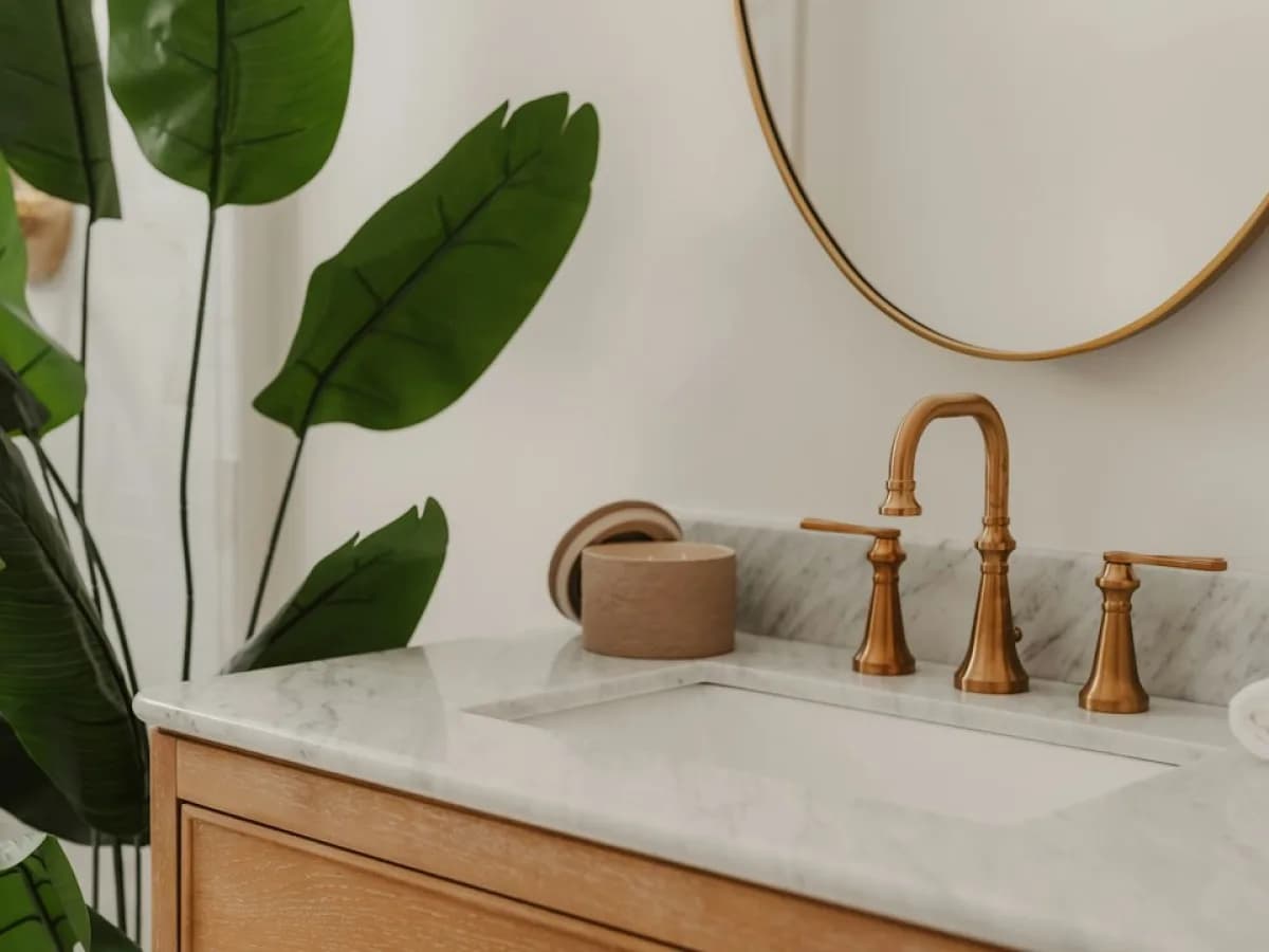 Bathroom vanity drain and water supply connections being checked for leaks